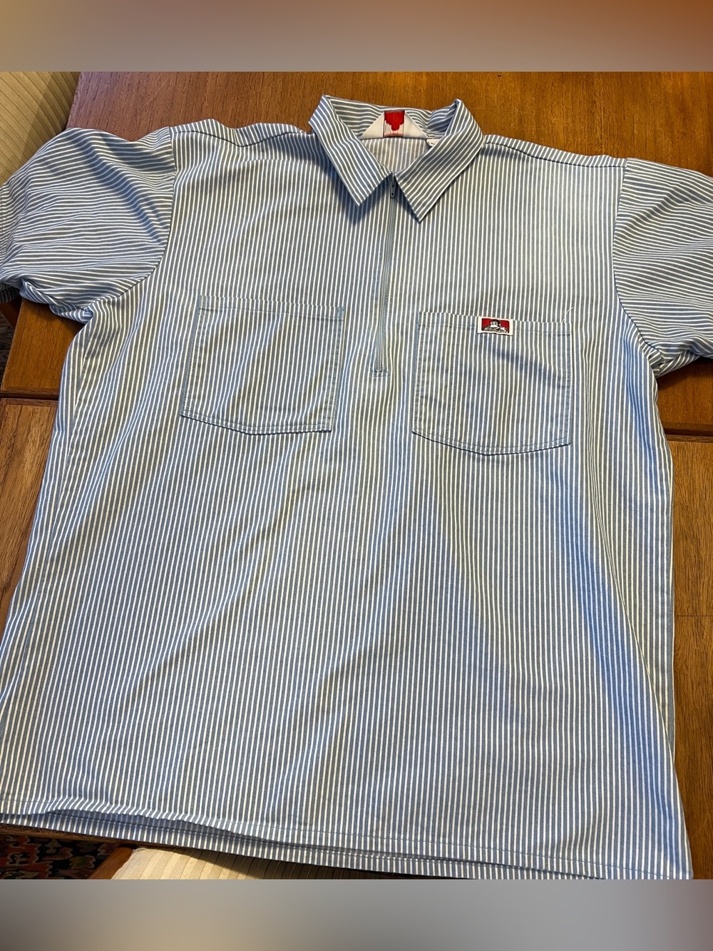 Ben Davis Blue Hickory Stripe Work Shirt Large Made USA Half Zip Short Sleeve